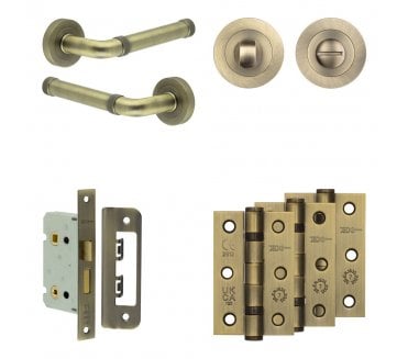 Frelan Midtown Door Handle Bathroom Packs (76mm Ball Bearing Hinges x3) - Antique Brass