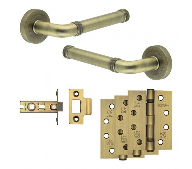 Frelan Midtown Door Handle Fire Rated Latch Packs (102mm Fire Rated Hinges x3) - Antique Brass