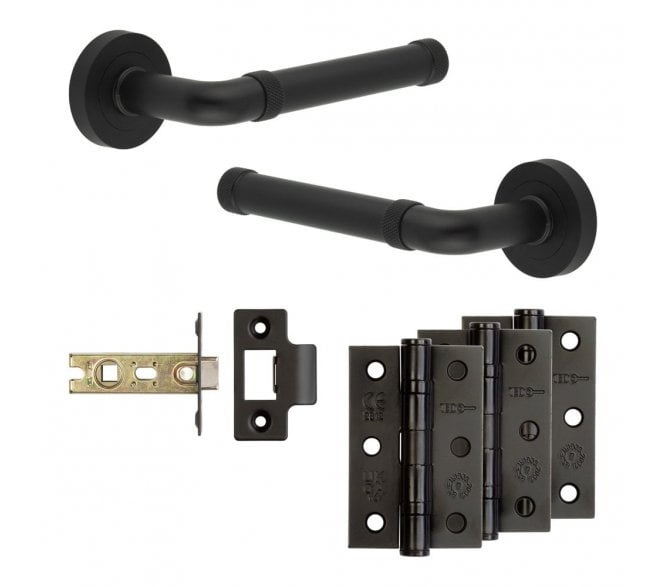 Frelan Midtown Door Handle Latch Packs (76mm Ball Bearing Hinges x3) - Matt Black