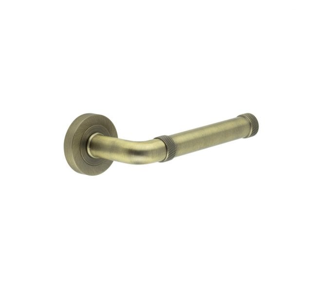 Frelan Midtown Door Handles On Round Rose - Antique Brass