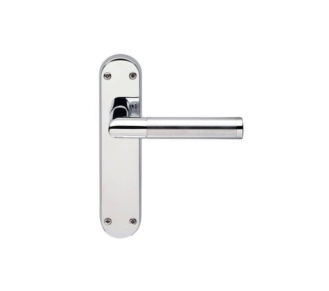 Frelan Mitred Door Handles On Backplate - Satin Chrome/Polished Chrome