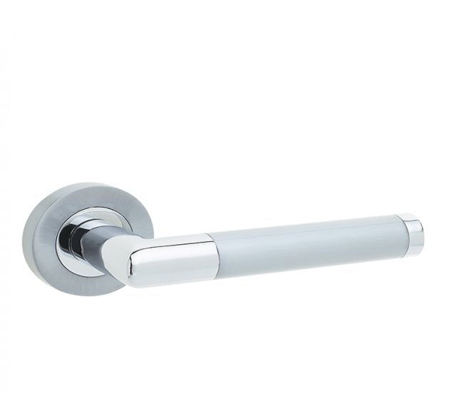 Frelan Mitred Door Handles On Rose - Satin Chrome/Polished Chrome