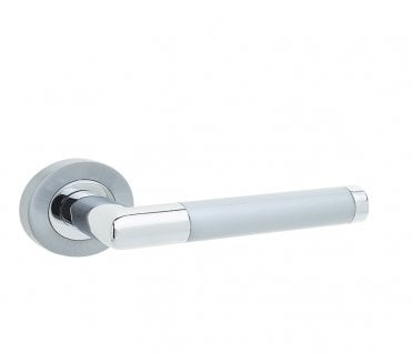Frelan Mitred Door Handles On Rose - Satin Chrome/Polished Chrome