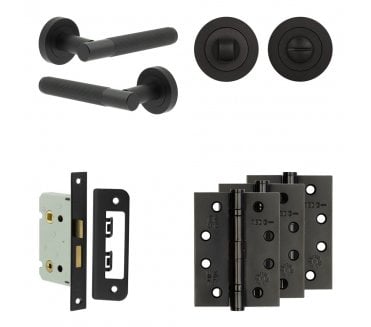 Frelan Venice Door Handle Bathroom Packs (102mm Fire Rated Hinges x3) - Matt Black