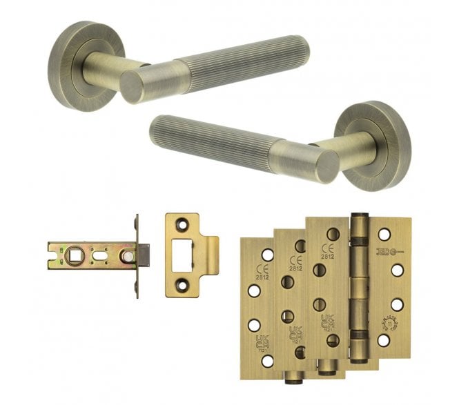 Frelan Venice Door Handle Fire Rated Latch Packs (102mm Fire Rated Hinges x3) - Antique Brass