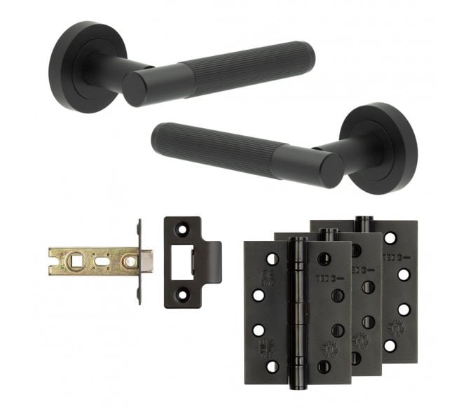 Frelan Venice Door Handle Fire Rated Latch Packs (102mm Fire Rated Hinges x3) - Matt Black