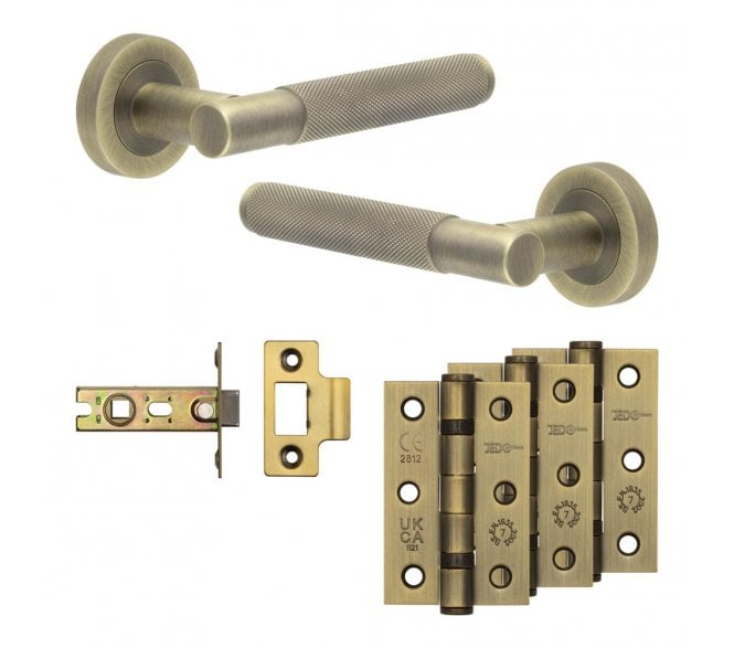 Frelan Venice Door Handle Latch Packs (76mm Ball Bearing Hinges x3) - Antique Brass