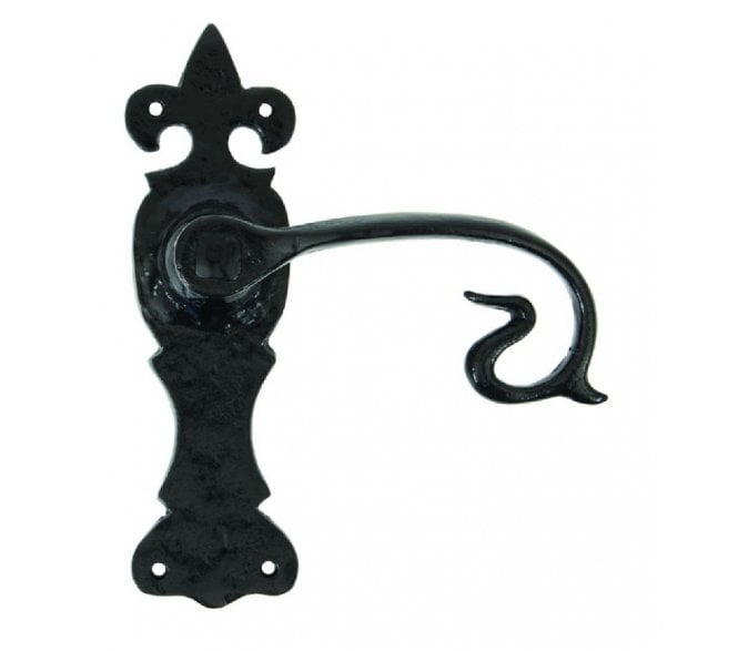From The Anvil Curly Door Handles On Fleur-De-Lys Backplate - Black