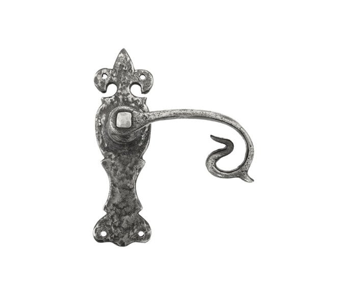 From The Anvil Curly Door Handles On Fleur-De-Lys Backplate - Natural Textured