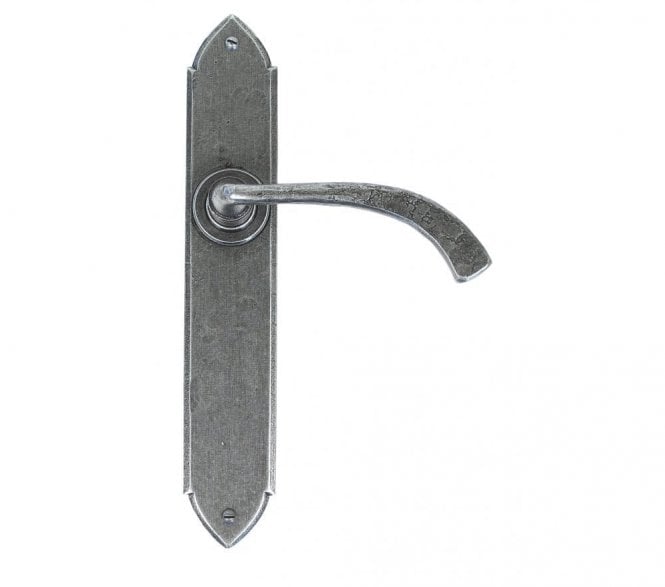 From The Anvil Gothic Curved Door Handles On Long Backplate - Pewter