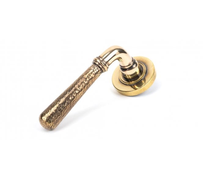 From The Anvil Hammered Lever Handle On Rose Set (Plain Rose) -  Aged Brass