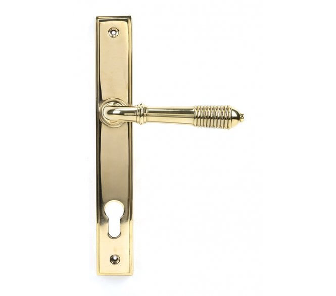 From The Anvil Polished Brass Reeded Slimline Lever Espag. Lock Set