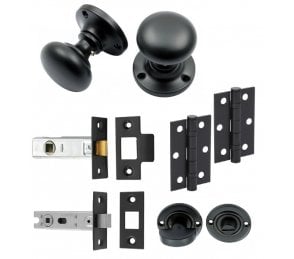 Handles4Homes Mushroom Mortice Knob Bathroom Pack (2 x 76mm Hinges) - Matt Black