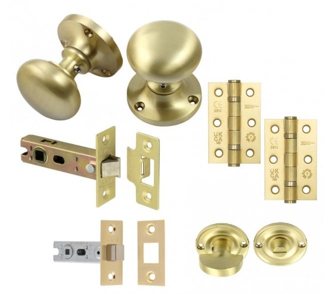 Handles4Homes Mushroom Mortice Knob Bathroom Pack (2 x 76mm Hinges) - Satin Brass