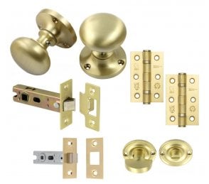 Handles4Homes Mushroom Mortice Knob Bathroom Pack (2 x 76mm Hinges) - Satin Brass
