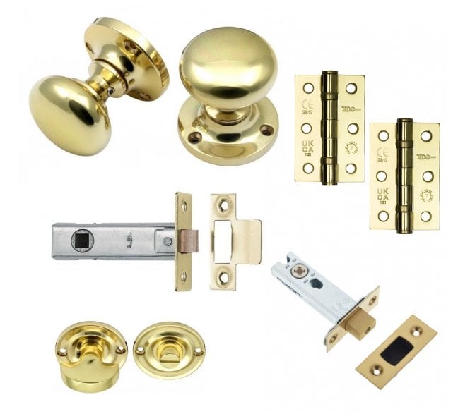 Handles4Homes Mushroom Mortice Knob Bathroom Pack (2 x 76mm Hinges) - Unlacquered Brass