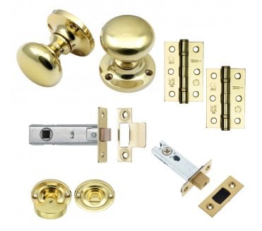 Handles4Homes Mushroom Mortice Knob Bathroom Pack (2 x 76mm Hinges) - Unlacquered Brass