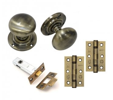 Handles4Homes Mushroom Mortice Knob Latch Pack (2 x 76mm Hinges) - Antique Brass