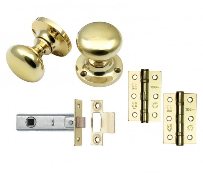 Handles4Homes Mushroom Mortice Knob Latch Pack (2 x 76mm Hinges) - Polished Brass