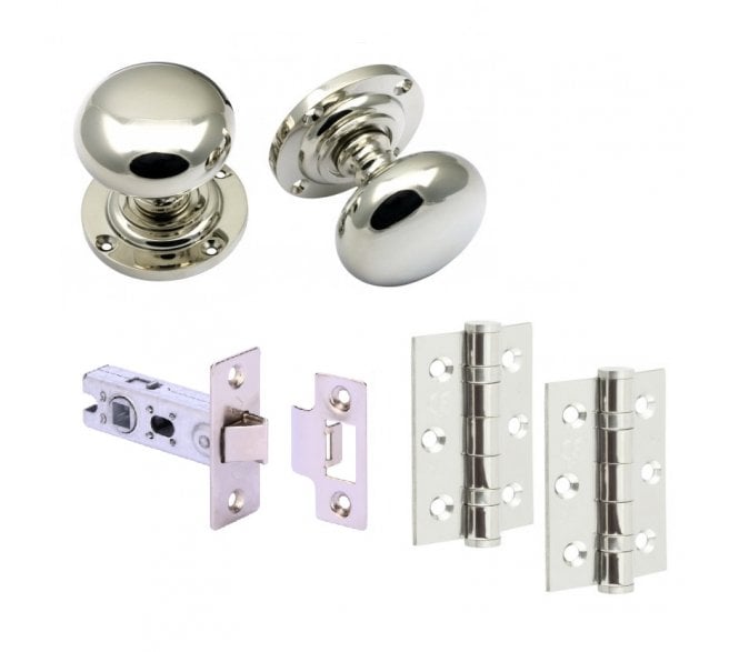 Handles4Homes Mushroom Mortice Knob Latch Pack (2 x 76mm Hinges) - Polished Nickel