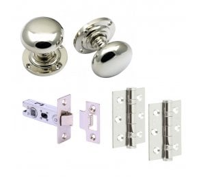 Handles4Homes Mushroom Mortice Knob Latch Pack (2 x 76mm Hinges) - Polished Nickel