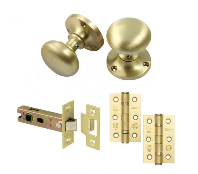 Handles4Homes Mushroom Mortice Knob Latch Pack (2 x 76mm Hinges) - Satin Brass