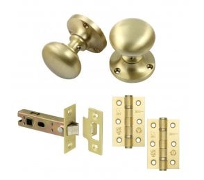 Handles4Homes Mushroom Mortice Knob Latch Pack (2 x 76mm Hinges) - Satin Brass