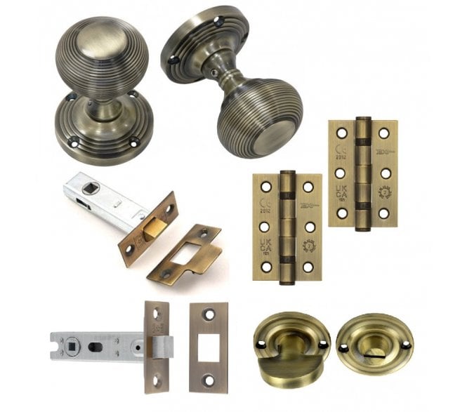Handles4Homes Reeded Mortice Knob Bathroom Pack (2 x 76mm Hinges) - Antique Brass
