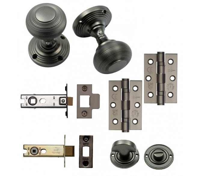 Handles4Homes Reeded Mortice Knob Bathroom Pack (2 x 76mm Hinges) - Dark Bronze