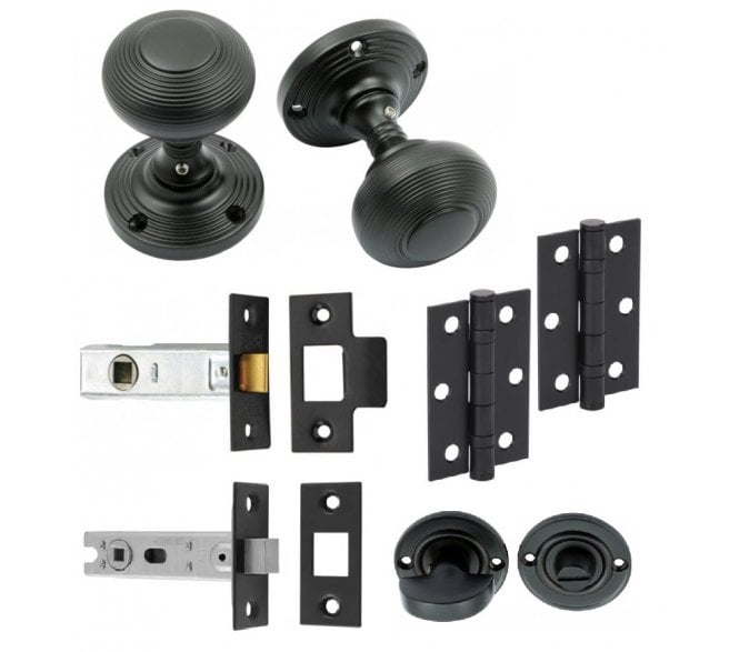 Handles4Homes Reeded Mortice Knob Bathroom Pack (2 x 76mm Hinges) - Matt Black
