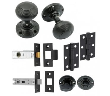 Handles4Homes Reeded Mortice Knob Bathroom Pack (2 x 76mm Hinges) - Matt Black