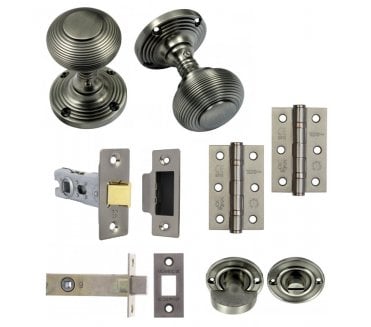 Handles4Homes Reeded Mortice Knob Bathroom Pack (2 x 76mm Hinges) - Pewter