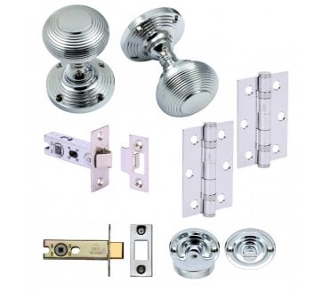 Handles4Homes Reeded Mortice Knob Bathroom Pack (2 x 76mm Hinges) - Polished Chrome