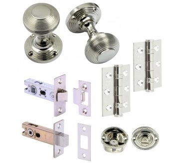Handles4Homes Reeded Mortice Knob Bathroom Pack (2 x 76mm Hinges) - Polished Nickel