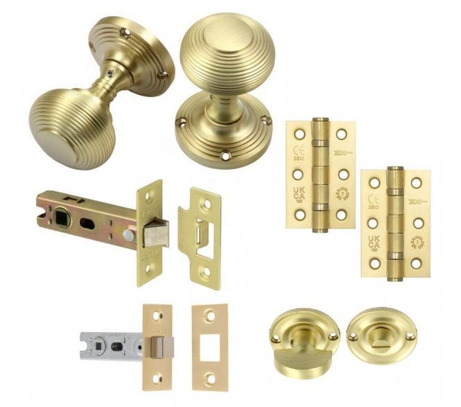 Handles4Homes Reeded Mortice Knob Bathroom Pack (2 x 76mm Hinges) - Satin Brass