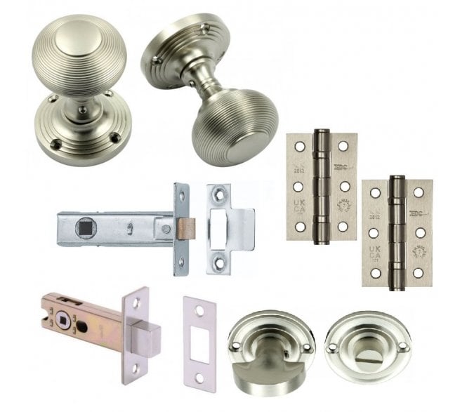 Handles4Homes Reeded Mortice Knob Bathroom Pack (2 x 76mm Hinges) - Satin Nickel