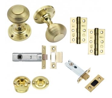 Handles4Homes Reeded Mortice Knob Bathroom Pack (2 x 76mm Hinges) - Unlacquered Brass
