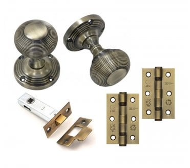 Handles4Homes Reeded Mortice Knob Latch Pack (2 x 76mm Hinges) - Antique Brass