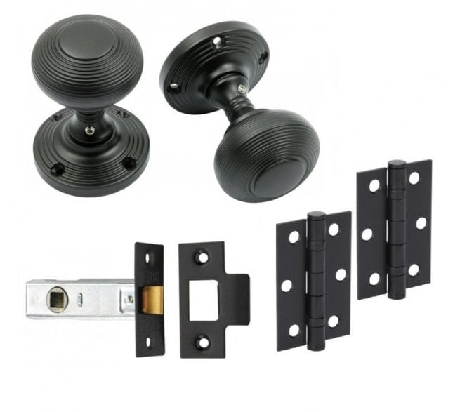 Handles4Homes Reeded Mortice Knob Latch Pack (2 x 76mm Hinges) - Matt Black