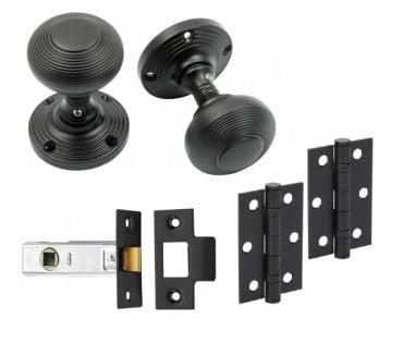 Handles4Homes Reeded Mortice Knob Latch Pack (2 x 76mm Hinges) - Matt Black