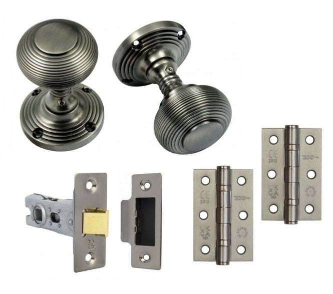 Handles4Homes Reeded Mortice Knob Latch Pack (2 x 76mm Hinges) - Pewter