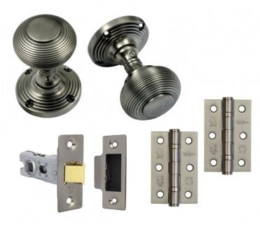 Handles4Homes Reeded Mortice Knob Latch Pack (2 x 76mm Hinges) - Pewter