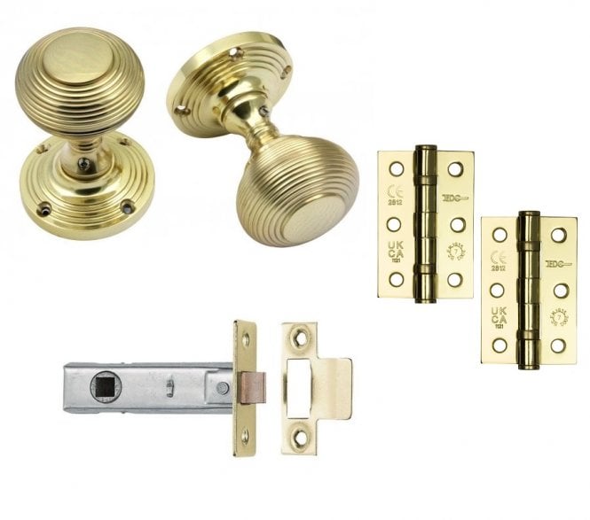 Handles4Homes Reeded Mortice Knob Latch Pack (2 x 76mm Hinges) - Polished Brass