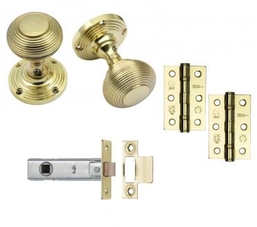 Handles4Homes Reeded Mortice Knob Latch Pack (2 x 76mm Hinges) - Polished Brass