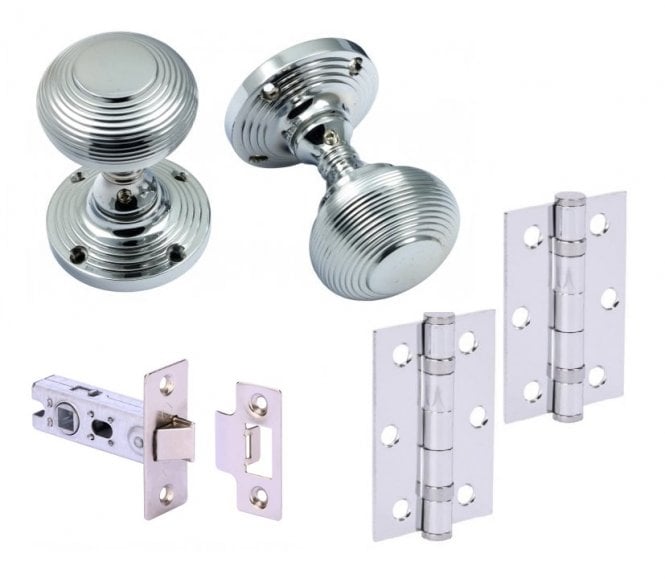 Handles4Homes Reeded Mortice Knob Latch Pack (2 x 76mm Hinges) - Polished Chrome