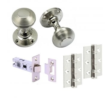 Handles4Homes Reeded Mortice Knob Latch Pack (2 x 76mm Hinges) - Polished Nickel