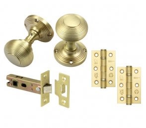 Handles4Homes Reeded Mortice Knob Latch Pack (2 x 76mm Hinges) - Satin Brass