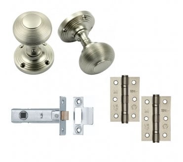 Handles4Homes Reeded Mortice Knob Latch Pack (2 x 76mm Hinges) - Satin Nickel