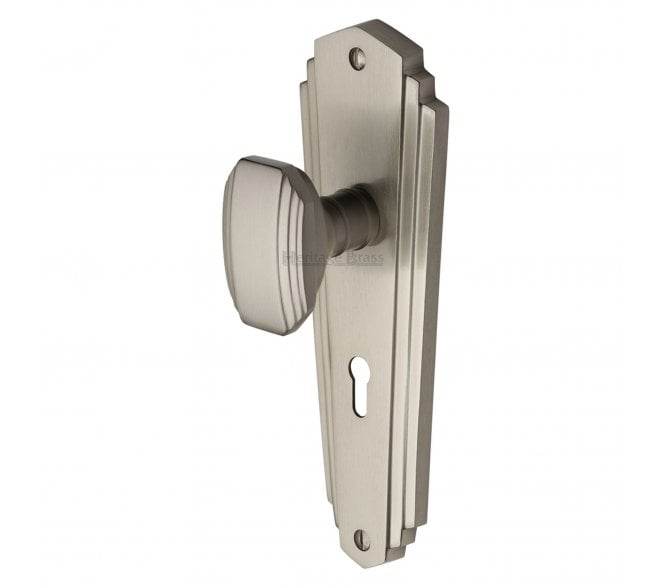 Heritage Brass Art Deco Charlston Knob On Backplate - Satin Nickel