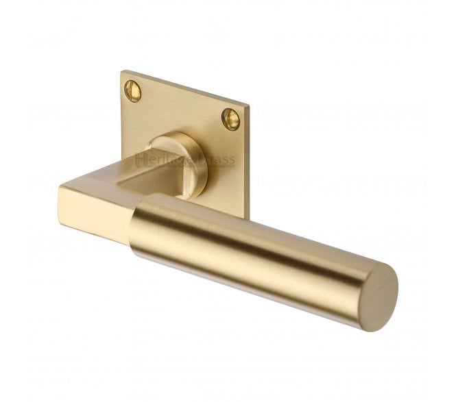 Heritage Brass Bauhaus Door Handles on Square Flat Rose - Satin Brass